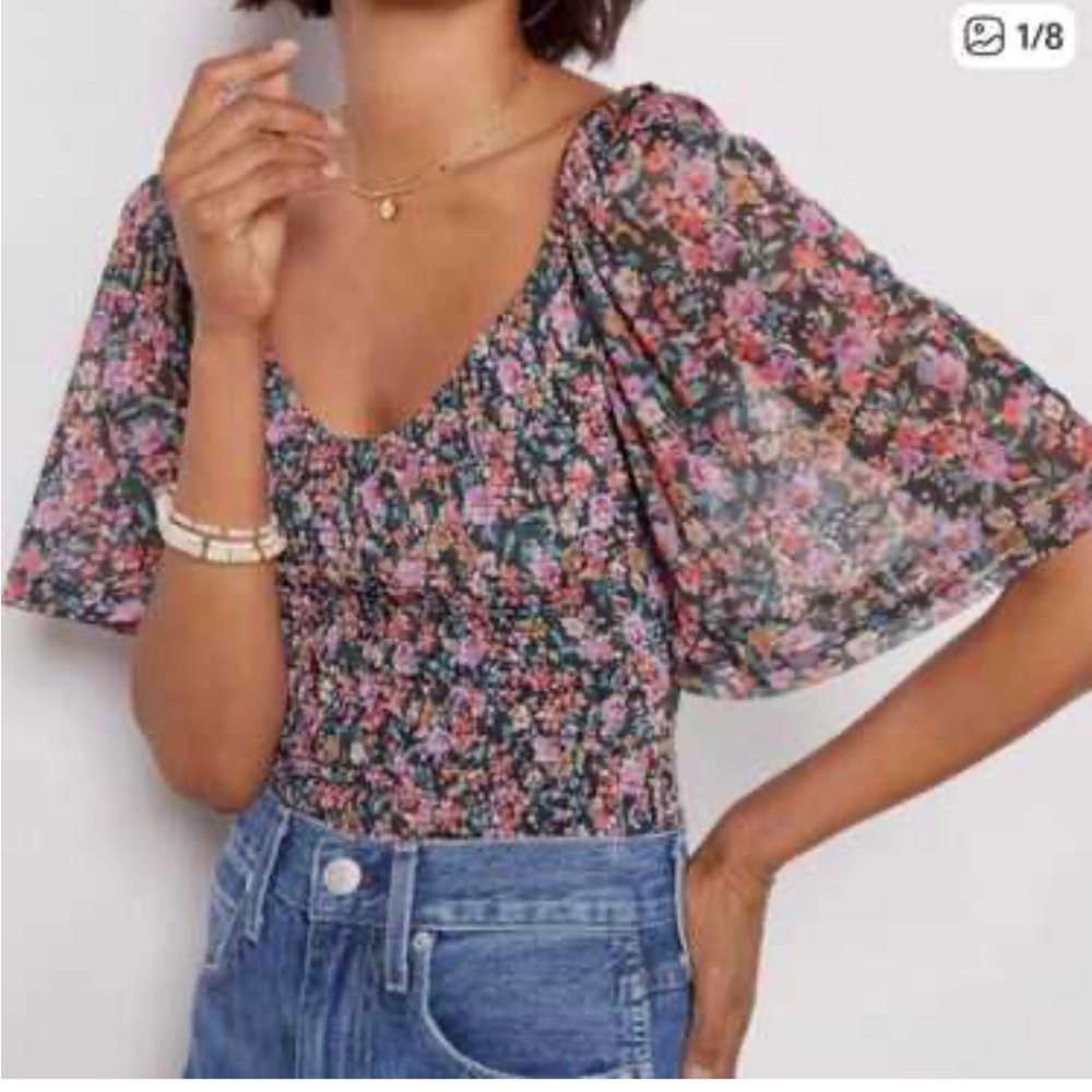 Evereve Floral Smocked Sleeve Top XL